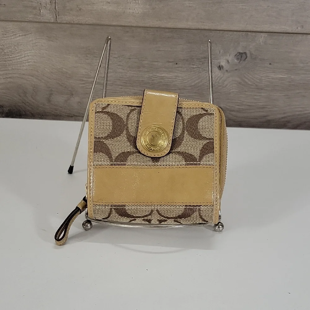 Coach Beige Signature Canvas Wallet with Tan Leather Trim